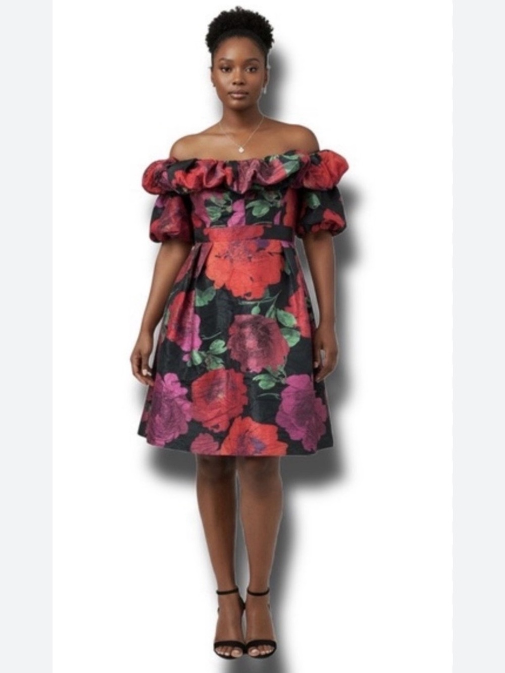New York and Co Off-Shoulder Floral Midi Dress in Black and Red